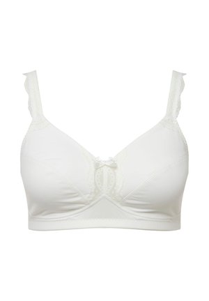 Bra bianco con spalline regolabili, bordo in pizzo, tessuto morbido, finitura liscia e un fiocchetto decorativo al centro. Design senza ferretto.