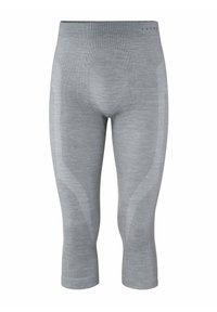 Szare legginsy o dopasowanym kroju, z prążkowaną strukturą i subtelnymi refleksyjnymi akcentami po bokach. Długość do połowy łydki.