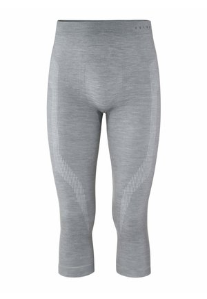 Gray leggings with a fitted design, featuring ribbed texture and subtle reflective accents on the sides. Mid-calf length.