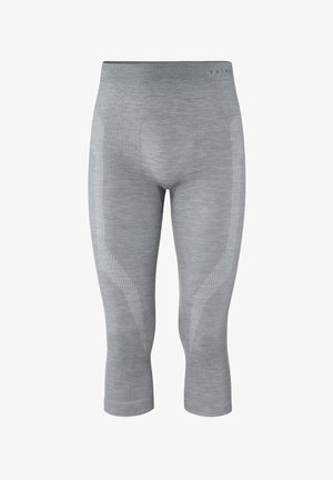 Gray leggings with a fitted design, featuring ribbed texture and subtle reflective accents on the sides. Mid-calf length.