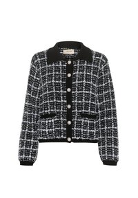 Melnā un baltā krāsā svītrainais kardigans ar apkakli, sešiem lieliem pogām un ribotām apakšmalām un piedurknēm. Tekstūrēts raksts ar strukturētu piegriezumu.