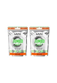 Deux paquets de faux cils vegan NYX Jumbo Lash. Chaque sac présente une base argentée, un texte vert vif et des accents orange avec un design de cils audacieux.