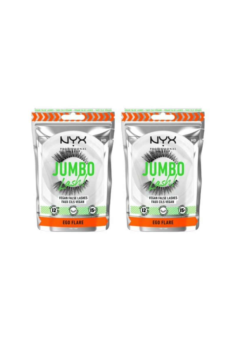 Deux paquets de faux cils vegan NYX Jumbo Lash. Chaque sac présente une base argentée, un texte vert vif et des accents orange avec un design de cils audacieux.
