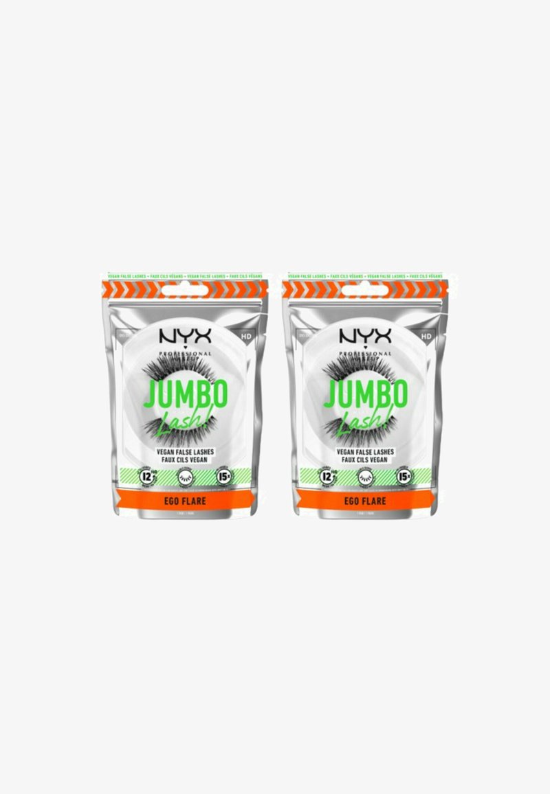 Deux paquets de faux cils vegan NYX Jumbo Lash. Chaque sac présente une base argentée, un texte vert vif et des accents orange avec un design de cils audacieux.