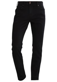 Mustat slim fit -farkut, joissa klassinen viiden taskun malli, hienovaraiset saumat ja metallinen nappikiinnitys vyötäröllä.