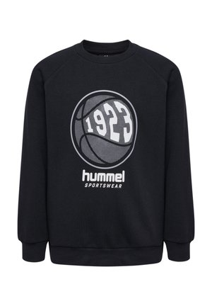 Czarna bluza z okrągłym nadrukiem przedstawiającym koszykówkę oraz napisem "1923" na białym tle, a poniżej "hummel sportswear".