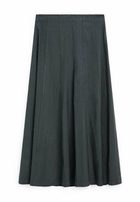 Jupe grise jusqu'aux genoux en tissu texturé avec un design évasé, présentant des coutures verticales et un ourlet légèrement effiloché.