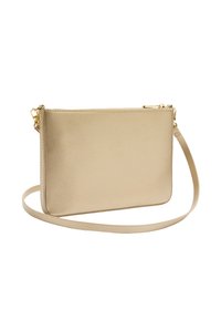 Złoty, teksturowany torebka crossbody z sztucznej skóry, zapinana na zamek, o smukłym prostokątnym kształcie i odpinanym pasku dla większej wszechstronności.