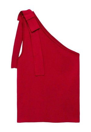 Rotes, geripptes Oberteil mit asymmetrischem Ausschnitt und einem einzigen Schulterträger mit einer Schleifendetail. Glatte Textur über die gesamte Oberfläche.
