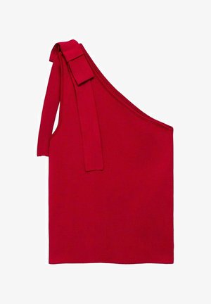 Red, ribbed fabric top featuring an asymmetrical neckline and a single shoulder strap with a bow detail. Smooth texture throughout.