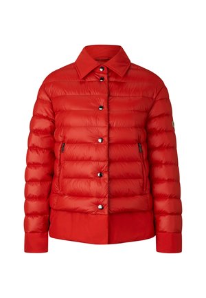 Red puffer jacket with a collared neck, snap buttons, and side pockets. Features quilted design for insulation and smooth, shiny fabric.