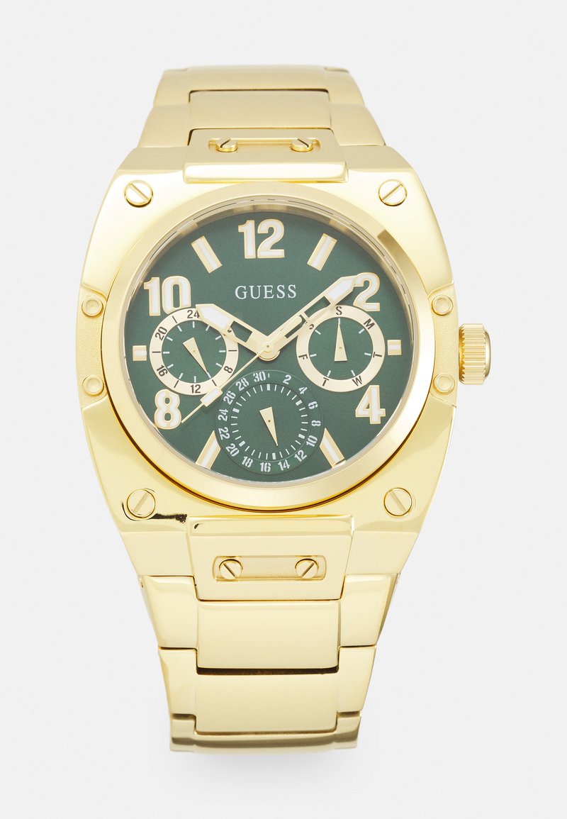 Orologio in acciaio inossidabile placcato oro con quadrante verde, grandi numeri bianchi, più sottodial e design del bracciale a maglie.