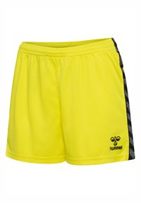 Gelbe Sportshorts aus leichtem Material, mit einem schwarzen gemusterten Seitenpaneel und einem elastischen Bund mit kleinem Logo an der Vorderseite.