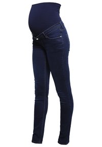 Těhotenské džíny v tmavě modrém denimovém provedení se strečovým panelem na břiše a úzkým střihem. Obsahují standardní kapsy a zip.