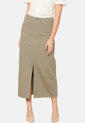 Khaki denim midi skirt with a front slit, five-pocket design, and tonal stitching. The fabric has a smooth texture and a fitted waist.