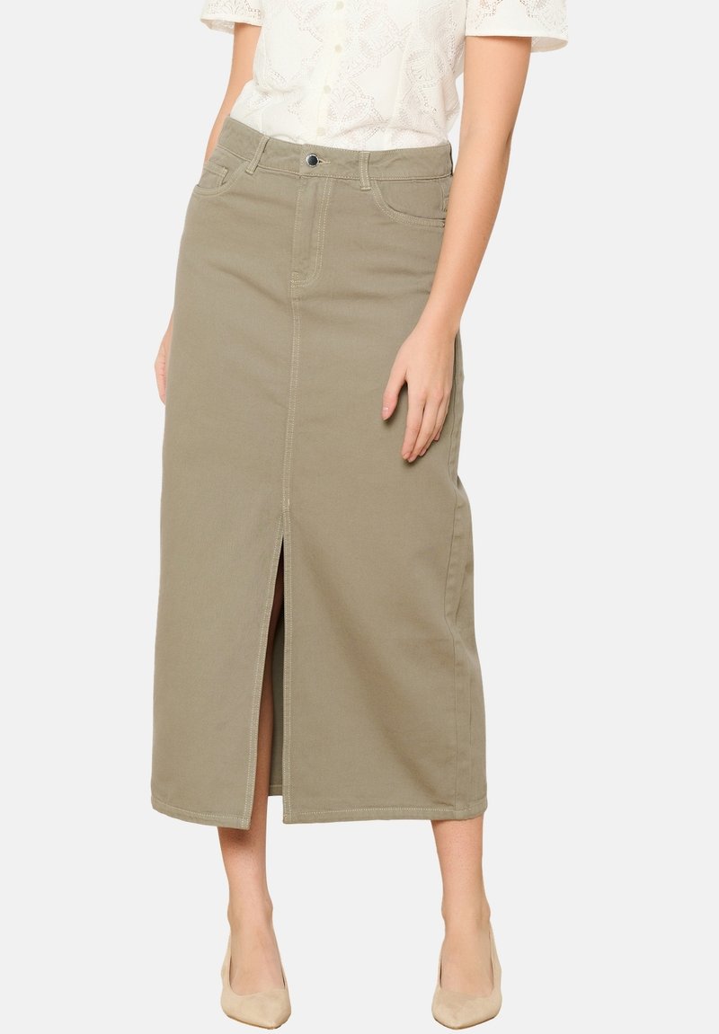 Jupe midi en denim kaki avec une fente sur le devant, un design à cinq poches et des coutures ton sur ton. Le tissu a une texture lisse et une taille ajustée.