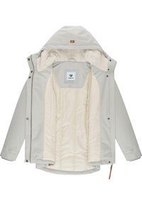 Jasnoszara, ocieplana kurtka z miękką beżową podszewką oraz odpinanym kapturem. Posiada zatrzaski i metkę z logo na wewnętrznej podszewce.