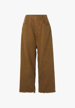 Rjave široke hlače z rahlo skrajšanimi nogavicami, robustni robovi, sprednji gumb, zadrga in pet žepov.