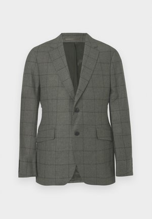 Blazer gris estructurado hecho de tejido texturizado con un patrón de cuadros. Presenta dos botones, solapas muescas y bolsillos de solapa.