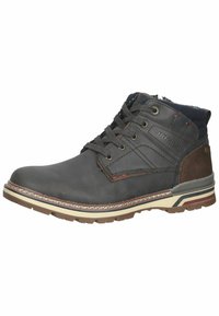 Dunkelgraue Lederstiefelette mit braunen Wildlederakzenten, runder Zehenpartie, Schnürsenkeln, gepolstertem Kragen und einer Gummisohle mit weißem und rotem Rand.