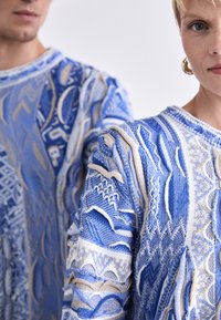 Pull en tricot présentant des motifs bleu et beige complexes, des designs texturés, un col ras du cou et des détails de couture visibles.