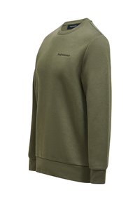 Olijfgroen sweatshirt van zachte stof, met een ronde hals, geribbelde manchetten en tailleband, en een klein logo op de borst.