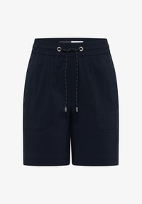 Pantalones cortos casuales azul marino con cintura elástica, cordón delantero y bolsillos parche en cada lado.