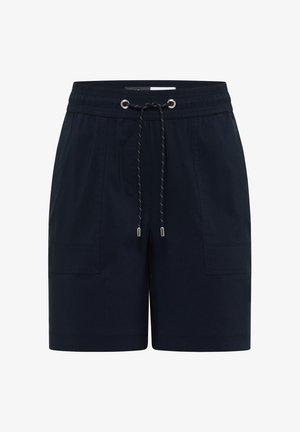 Marineblå afslappede shorts med elastisk talje, snøre foran og lappelommer på hver side.