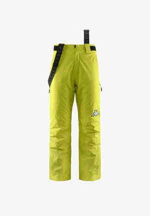 Pantaloni da sci impermeabili di colore giallo brillante con bretelle nere regolabili, tasche laterali con zip e una patch con logo sulla coscia sinistra.