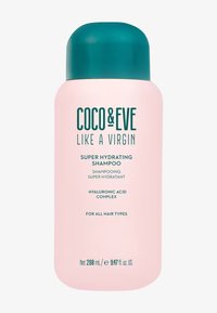 Rosa schampo-flaska med en turkos kork, märkt "Coco & Eve Like a Virgin Super Hydrating Shampoo", med detaljer om hyaluronsyrakomplex.