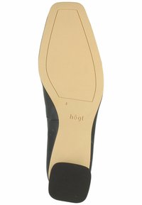 Semelle de chaussure en cuir noir avec semelle beige, talon carré et « högl » embossé près de la voûte plantaire.