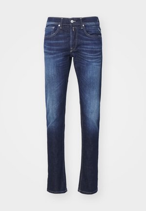 Dark blue denim jeans with a straight-leg cut, featuring five pockets, a button fly, and subtle fading along the thighs.