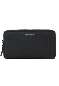 Black leather wallet with a textured finish and zip closure. Features a silver logo on the front and side zipper for easy access.