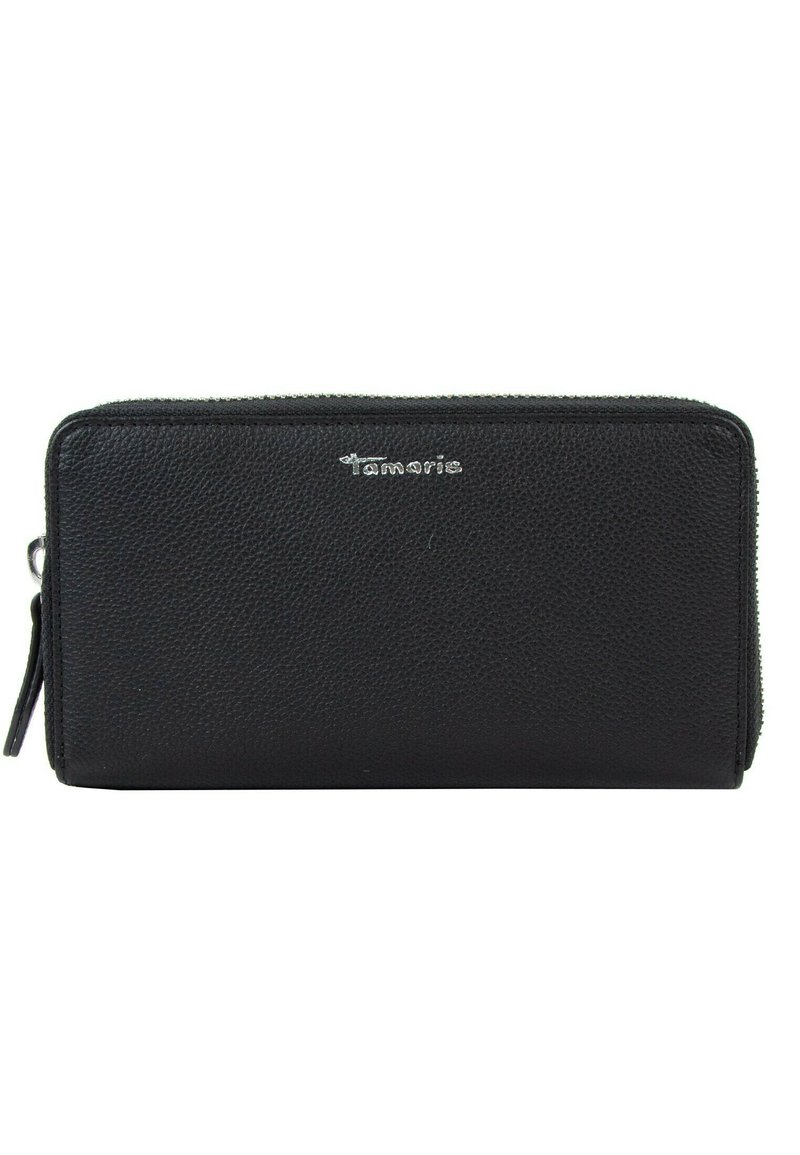 Black leather wallet with a textured finish and zip closure. Features a silver logo on the front and side zipper for easy access.