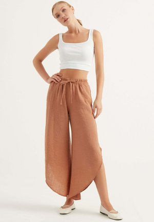 ELASTIC WAIST WIDE LEG - Tygbyxor - brown