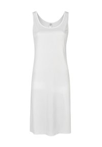 Abito senza maniche bianco realizzato in un tessuto morbido e leggero. Presenta un collo a barca e una vestibilità comoda, arrivando appena sopra le ginocchia.