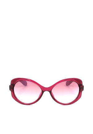 Occhiali da sole rosa oversize con lenti arrotondate e montatura lucida in plastica, mostrati su sfondo bianco.