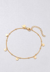 Pulsera de cadena de color dorado con colgantes circulares, cierre de langosta y cadena de extensión, que presenta delicados eslabones finos y un encanto texturizado.