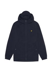 Marinblå vindtäta jacka med dragkedja fram, justerbar huva, elastiska ärmslut, två sidofickor och en liten gul logotyp på bröstet.