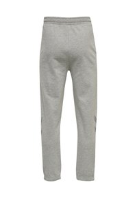 Pantalones de chándal gris claro con cintura y puños elásticos, vistos desde atrás, con detalles sutiles de rayas laterales.