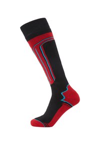 Black and red knee-high sock with blue accents. Features ribbed cuff, elastic arch support, and a contrasting color pattern along the sides.