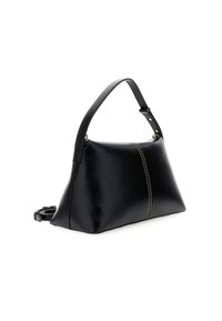 Borsa a mano in pelle nera con manico superiore curvato, forma triangolare, dettaglio di cuciture a contrasto sul davanti e tracolla regolabile.