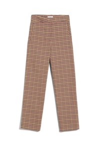 Bruna rutiga byxor med lös passform, som har sidofickor och skräddarsydd midja. Mönstret innehåller nyanser av röd och blå.