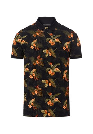 Czarna koszulka polo z pomarańczowym tropikalnym wzorem kwiatów i zielonymi liśćmi, krótki rękaw i zapinana na trzy guziki.