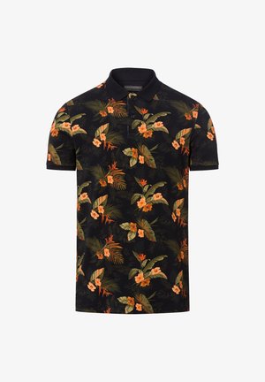 Zwart poloshirt met oranje tropische bloemen en groene bladeren patroon, korte mouwen en drieknops sluiting.