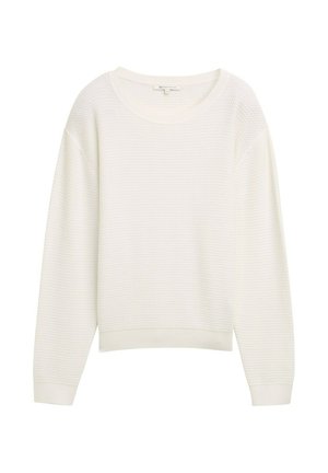 Pulover alb din tricot cu un model texturat, guler larg tip crew, și manșete și tiv din tricot cu nervuri. Croială lejeră cu umeri lăsați.