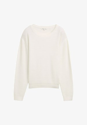 Biely pletený sveter so štruktúrovaným vzorom, širokým okrúhlym výstrihom a rebrovanými manžetami a spodným okrajom. Voľný strih s poklesnutými plecami.