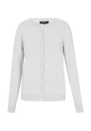 Hellgrauer Cardigan aus weichem Strickstoff. Mit Rundhalsausschnitt, langen Ärmeln, durchgehender Knopfleiste sowie gerippten Bündchen und Saum.