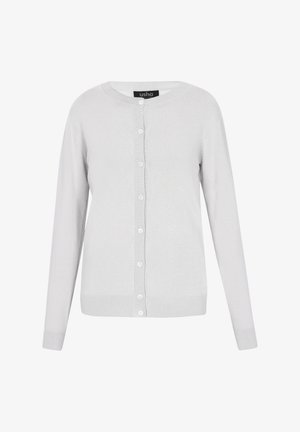 Hellgrauer Cardigan aus weichem Strickstoff. Mit Rundhalsausschnitt, langen Ärmeln, durchgehender Knopfleiste sowie gerippten Bündchen und Saum.