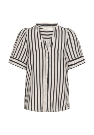 Blouse rayée avec décolleté en V, manches courtes bouffantes, fermeture à boutons, fabriquée en tissu léger ; les couleurs sont beige et noir avec des rayures verticales.